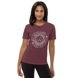 Unisex Tri Blend T-Shirt Maroon Triblend Front (More Is More-White Printing)