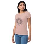 Womens Fitted T-Shirt Desert Pink Left Front (More Is More-Black Printing)