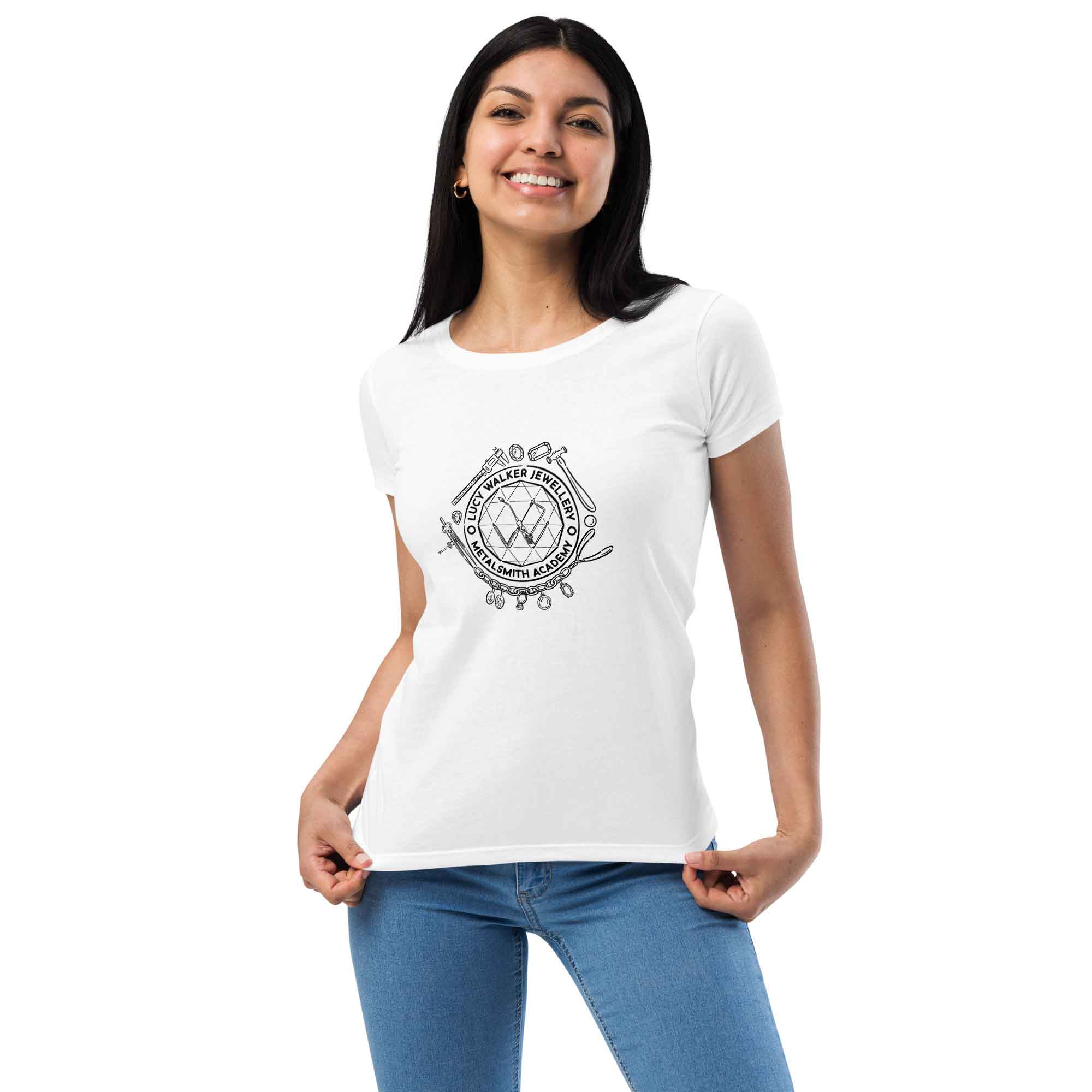 Womens Fitted T-Shirt White Front (Metalsmith Academy-Black Printing)