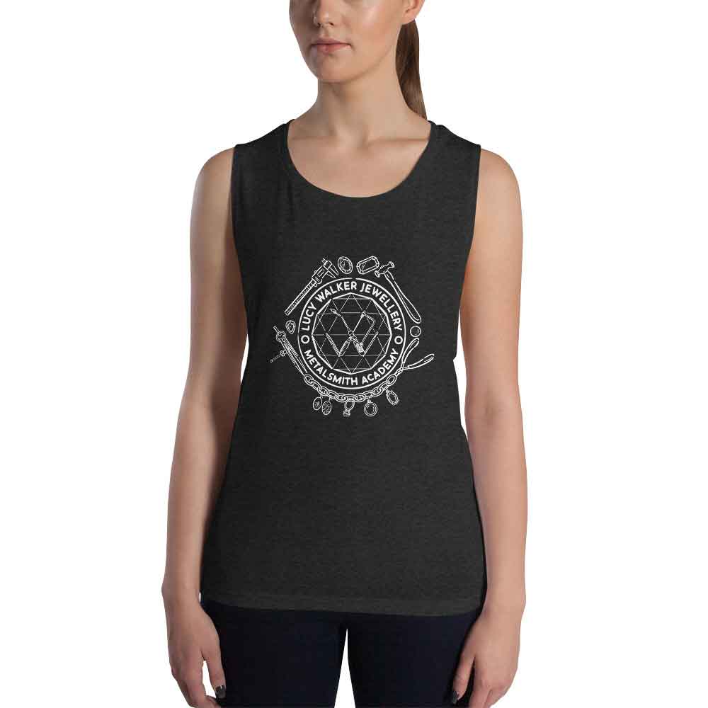 Womens Muscle Tank Black Heather Front (Metalsmith Academy-White Printing)