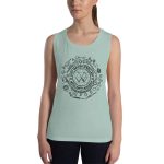 Womens Muscle Tank Dusty Blue Front (More Is More-Black Printing)