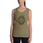 Womens Muscle Tank Heather Olive Front (Metalsmith Academy-Black Printing)