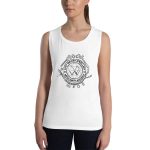 Womens Muscle Tank White Front (Metalsmith Academy-Black Printing)