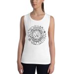 Womens Muscle Tank White Front (More Is More-Black Printing)